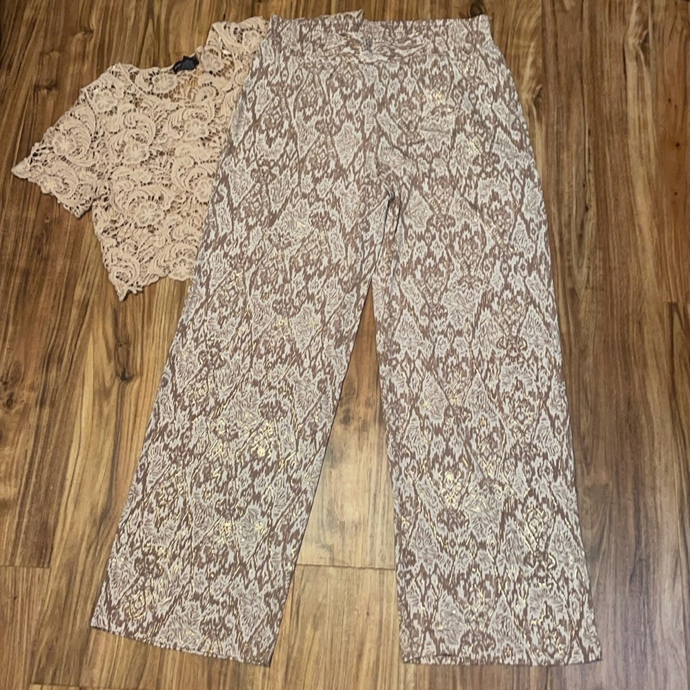 Iman women’s pants large 12 14 palazzo wide leg neutral metalic stretch light